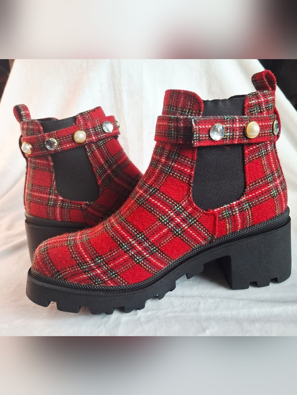 Sugar "Favorite Jewel" Chelsea Ankle Boots Tartan Red Plaid Lug/Chunky Heel
